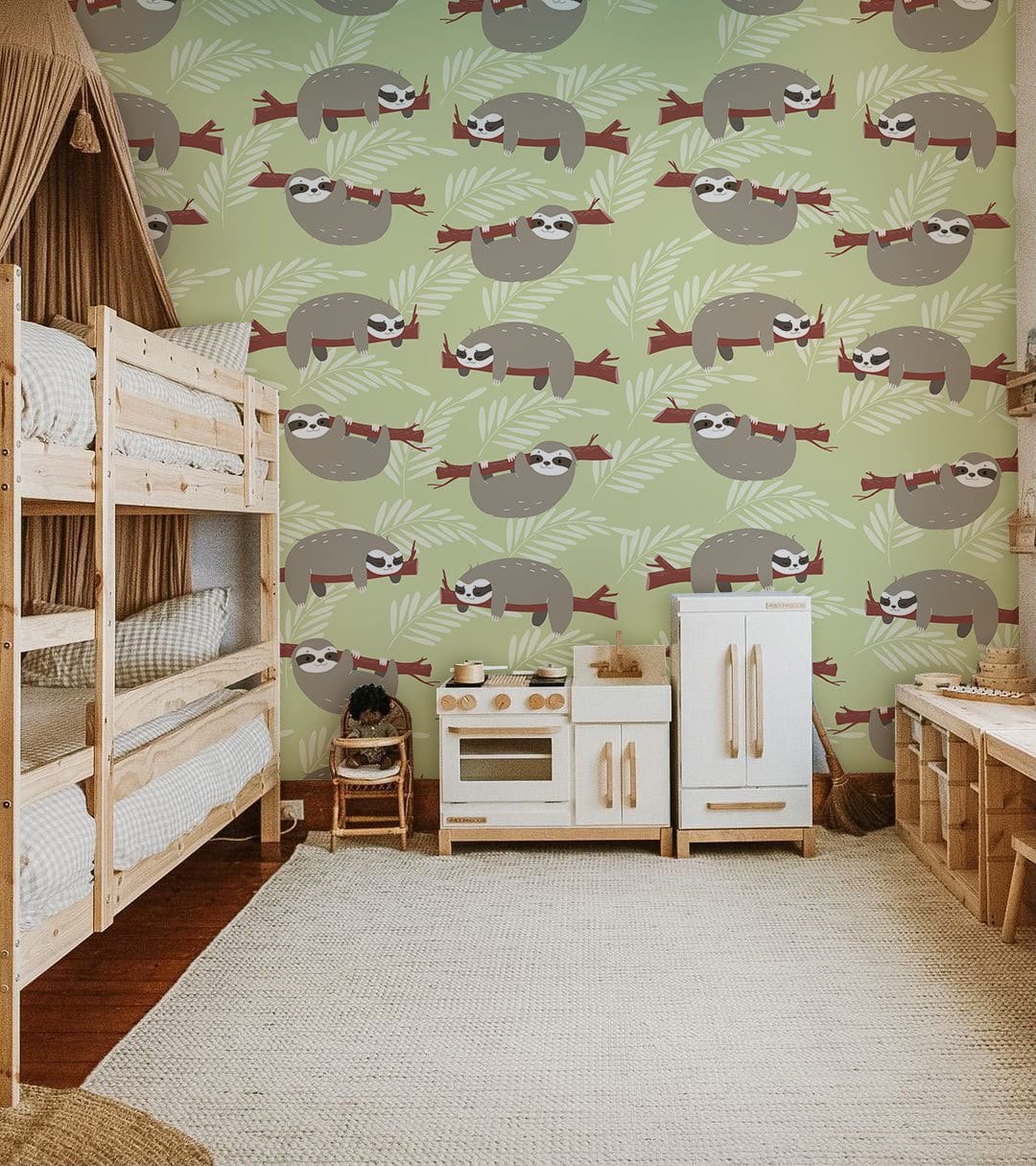 Charming Sloth Jungle Pattern Wallpaper in nursery with wooden bunk beds, play kitchen, earthy decor.