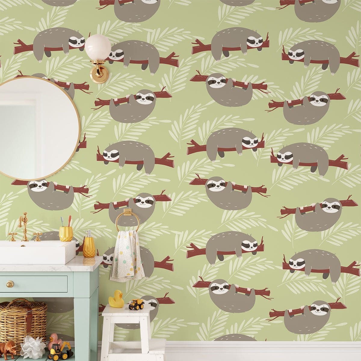 Charming Sloth Jungle Wallpaper in Gentle Green, bathroom decor, vanity in soft blue, round mirror.