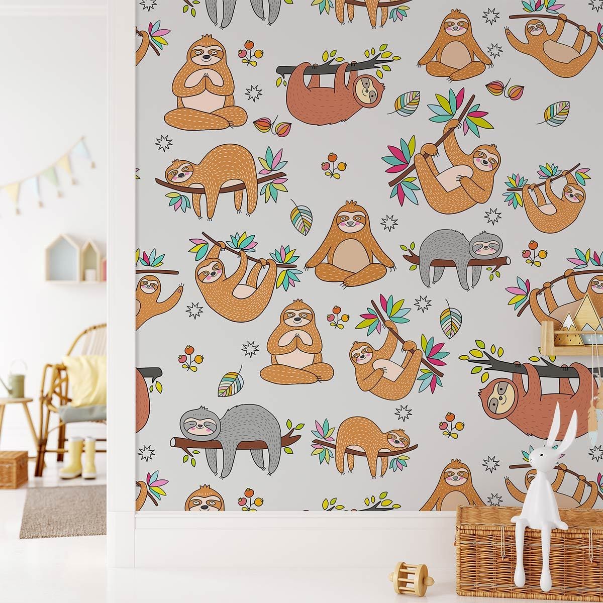 Sloth-themed nursery wallpaper, wooden rocking chair, white walls, whimsical sloth jungle pattern, cosy design.