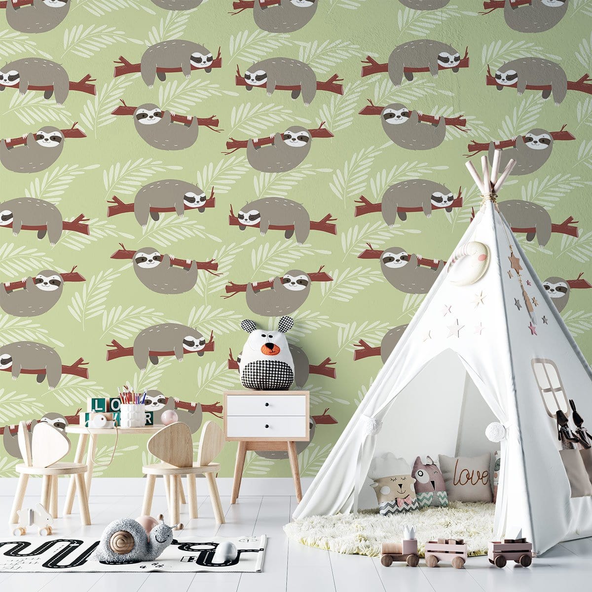 Charming sloth jungle wallpaper in green tones, kids room with playful furniture and white flooring.