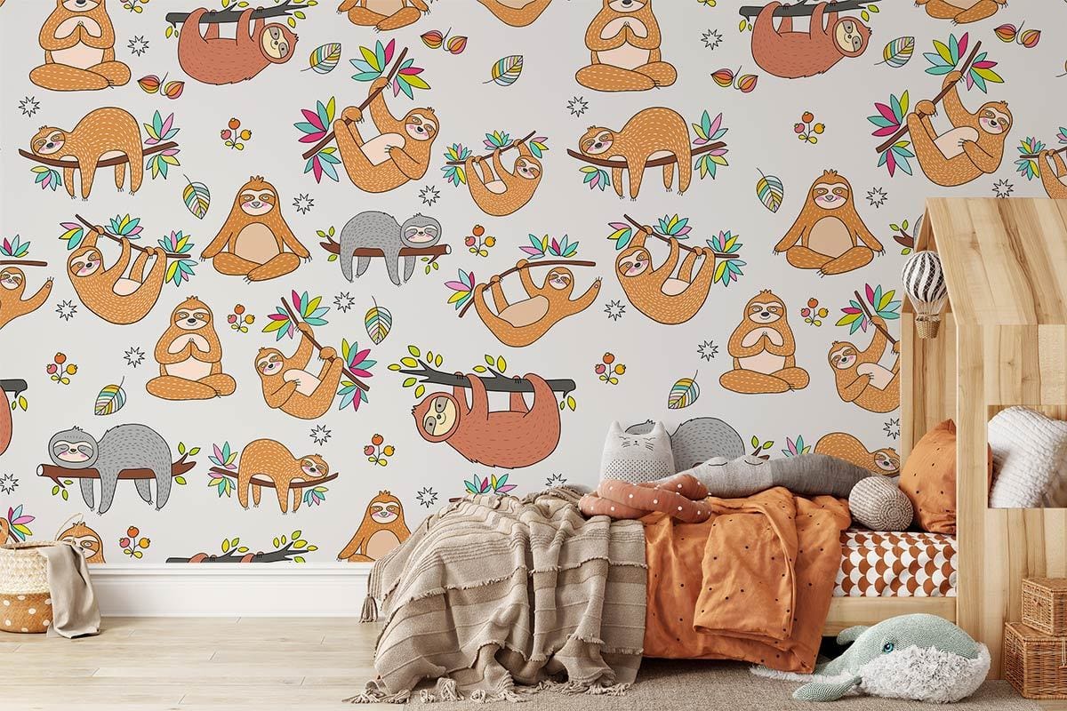 Whimsical sloth jungle wallpaper in nursery with wooden bed, soft earthy tones, playful decor elements.