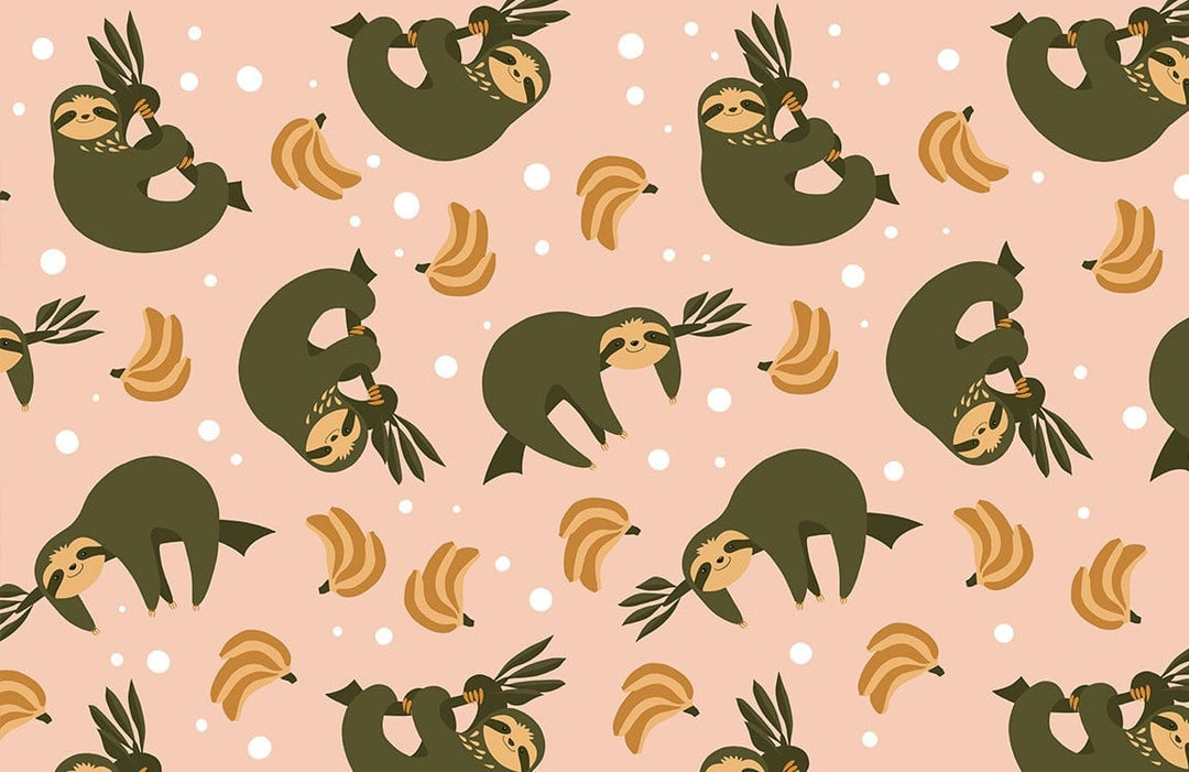 Playful Sloth and Banana Pattern Wallpaper - Green and Peach Design