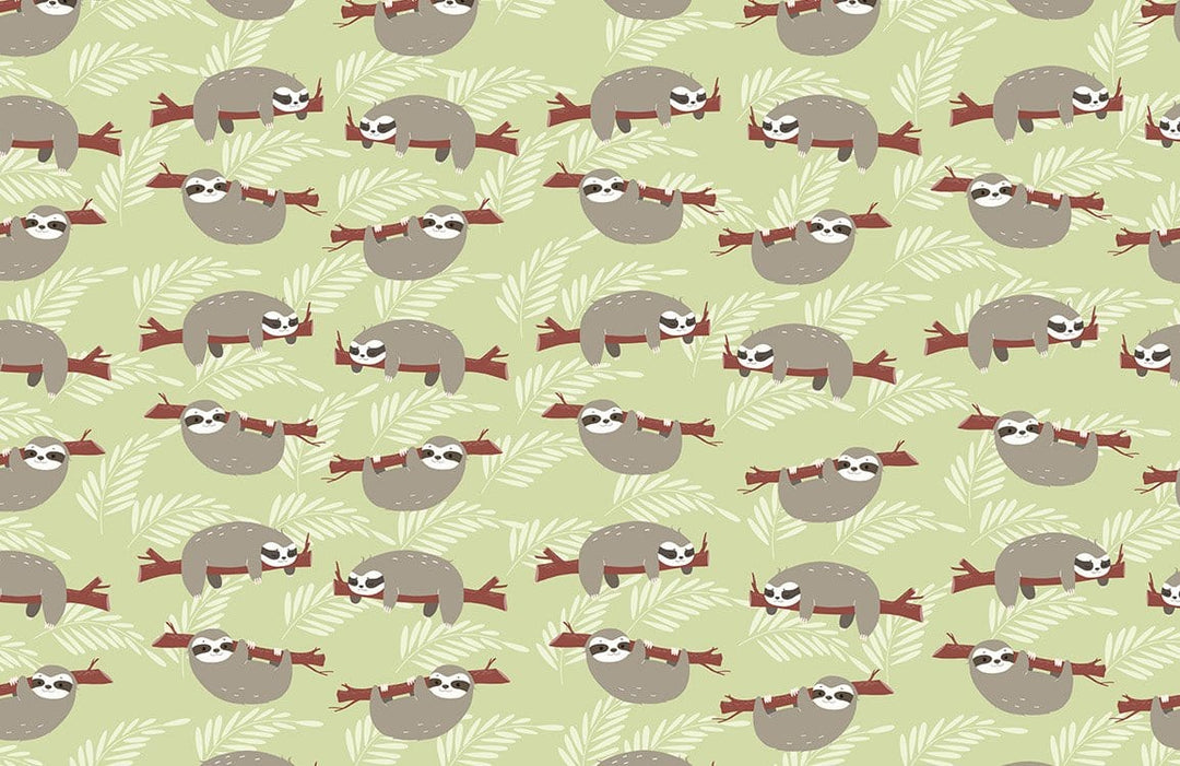 Charming Sloth Jungle Pattern Wallpaper in Gentle Green and Earthy Tones