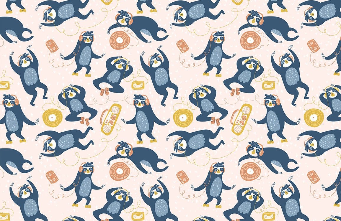 Playful Penguins Blue and Yellow Kids' Room Mural Wallpaper Pattern