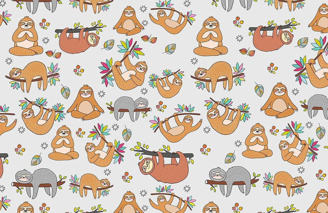 Whimsical Sloth Jungle Pattern Wallpaper in Soft Earthy Tones for Nurseries