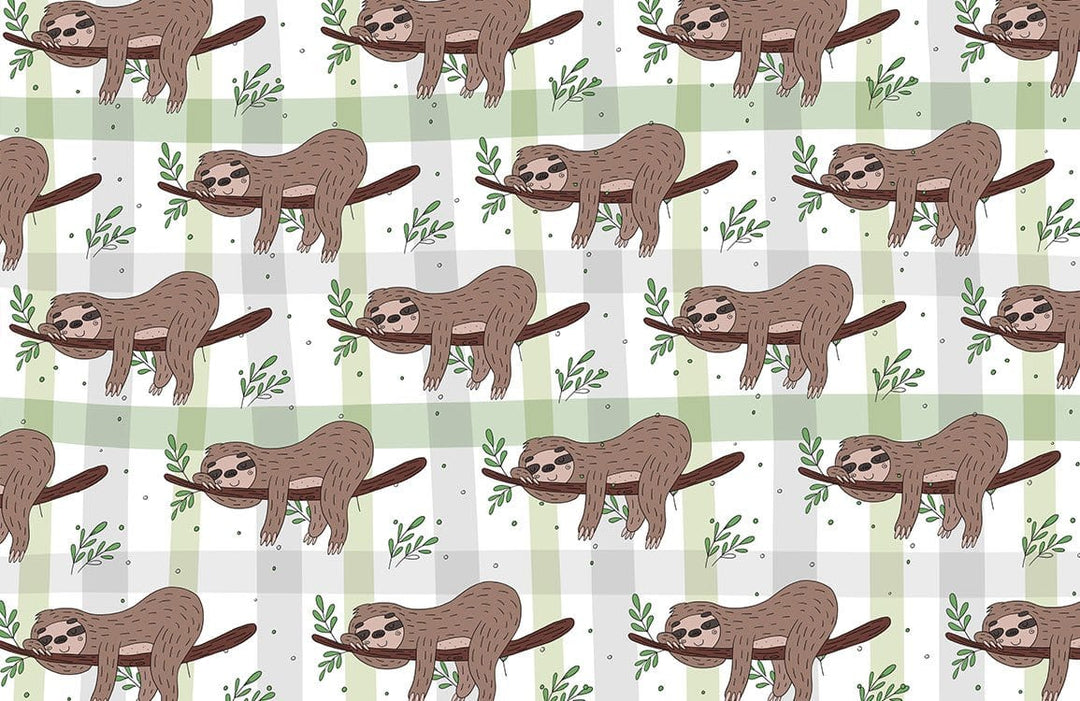 Whimsical Green Plaid and Sloth Pattern Nature-Themed Wall Covering Decor