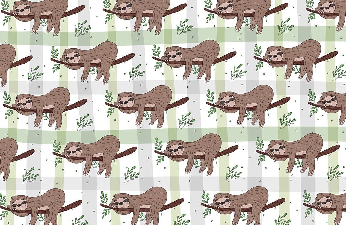 Whimsical Green Plaid and Sloth Pattern Nature-Themed Wall Covering Decor