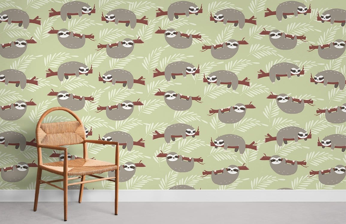 Charming sloth jungle pattern wallpaper, gentle green tones, wicker chair, neutral flooring, calming decor.