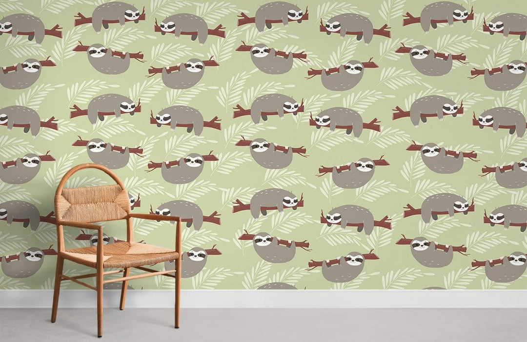 Charming sloth jungle pattern wallpaper, gentle green tones, wicker chair, neutral flooring, calming decor.