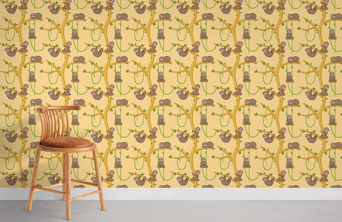 Charming beige and green sloth pattern wallpaper with wooden stool, playful interior setting.