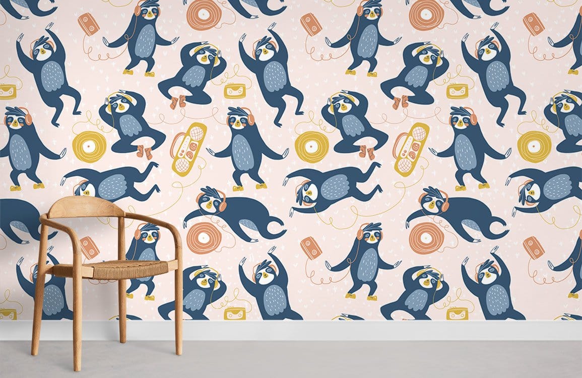 Playful Penguins Blue and Yellow Wallpaper in Kids' Room with Wooden Chair, Grey Flooring, Playful Decor.