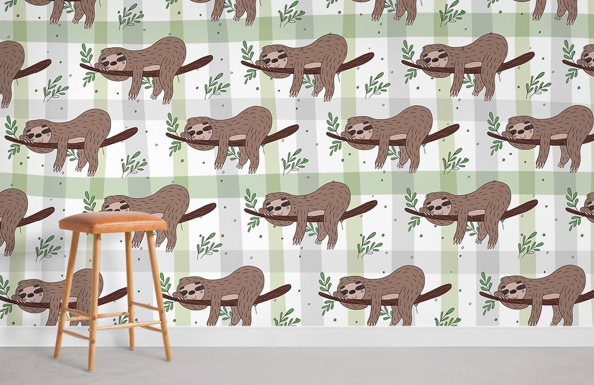 Whimsical Green Plaid Sloth Wall Covering in bright room with natural wood stool and white flooring.