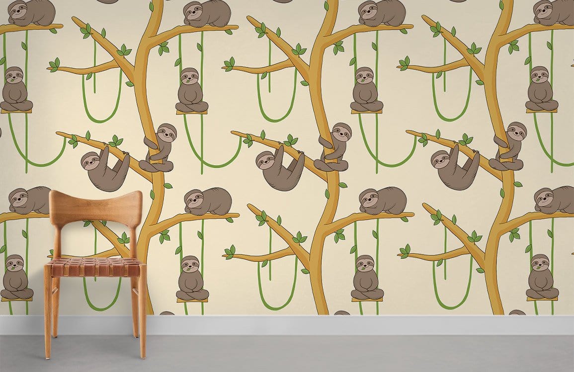 Charming Sloth Pattern Wallpaper in earthy tones with playful jungle theme, wooden chair, grey floor.