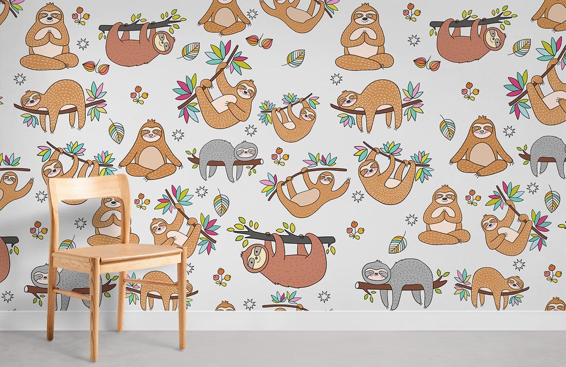 Whimsical sloth wallpaper in earthy tones, light wooden chair, grey floor, nursery decor.