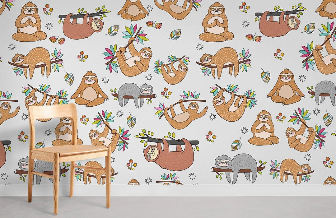Whimsical sloth wallpaper in earthy tones, light wooden chair, grey floor, nursery decor.