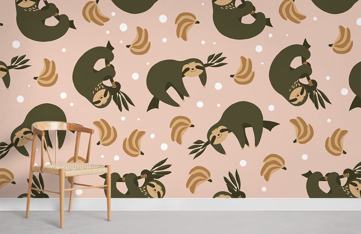 Playful sloth banana wallpaper, green peach design; chair included; stylish addition to modern rooms.