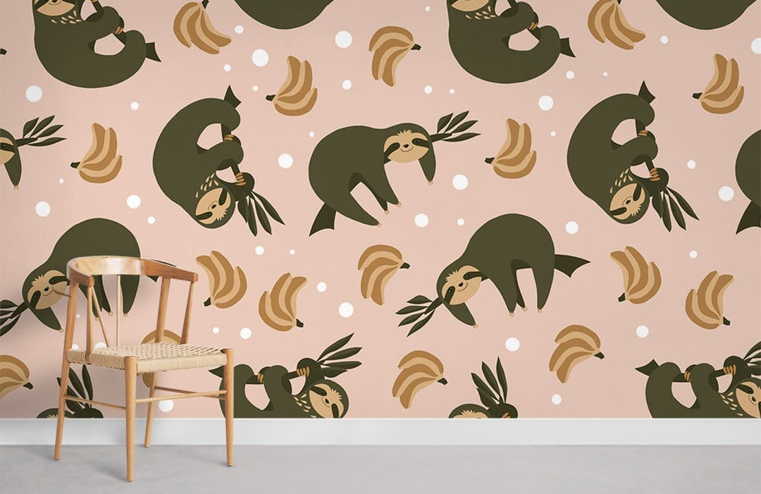 Playful sloth banana wallpaper, green peach design; chair included; stylish addition to modern rooms.