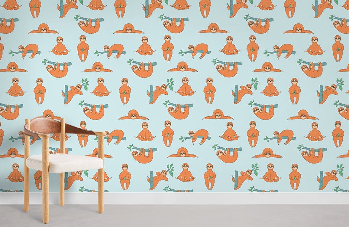 Playful Orange Sloth Pattern Wallpaper on whimsical blue wall, with modern chair and grey flooring.