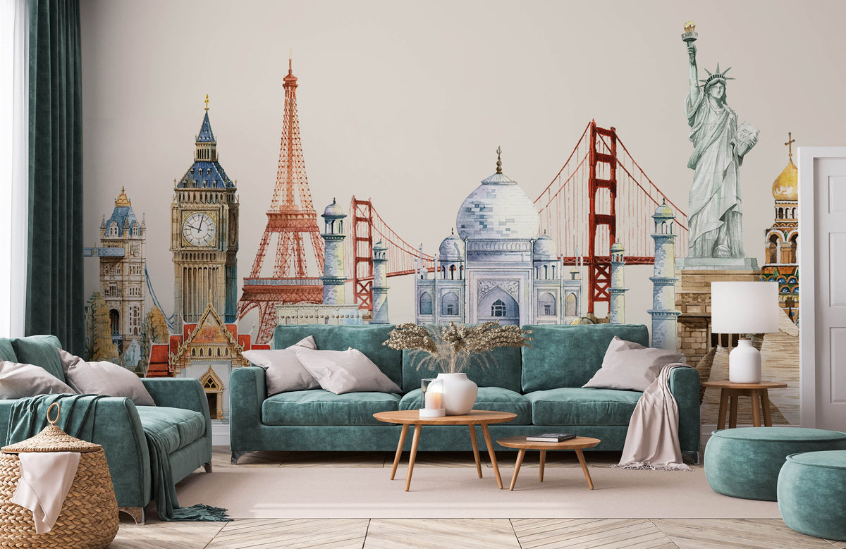 Elegant sofa with Global Landmarks Watercolour Mural Wallpaper; iconic architecture, contemporary decor, living room setting.