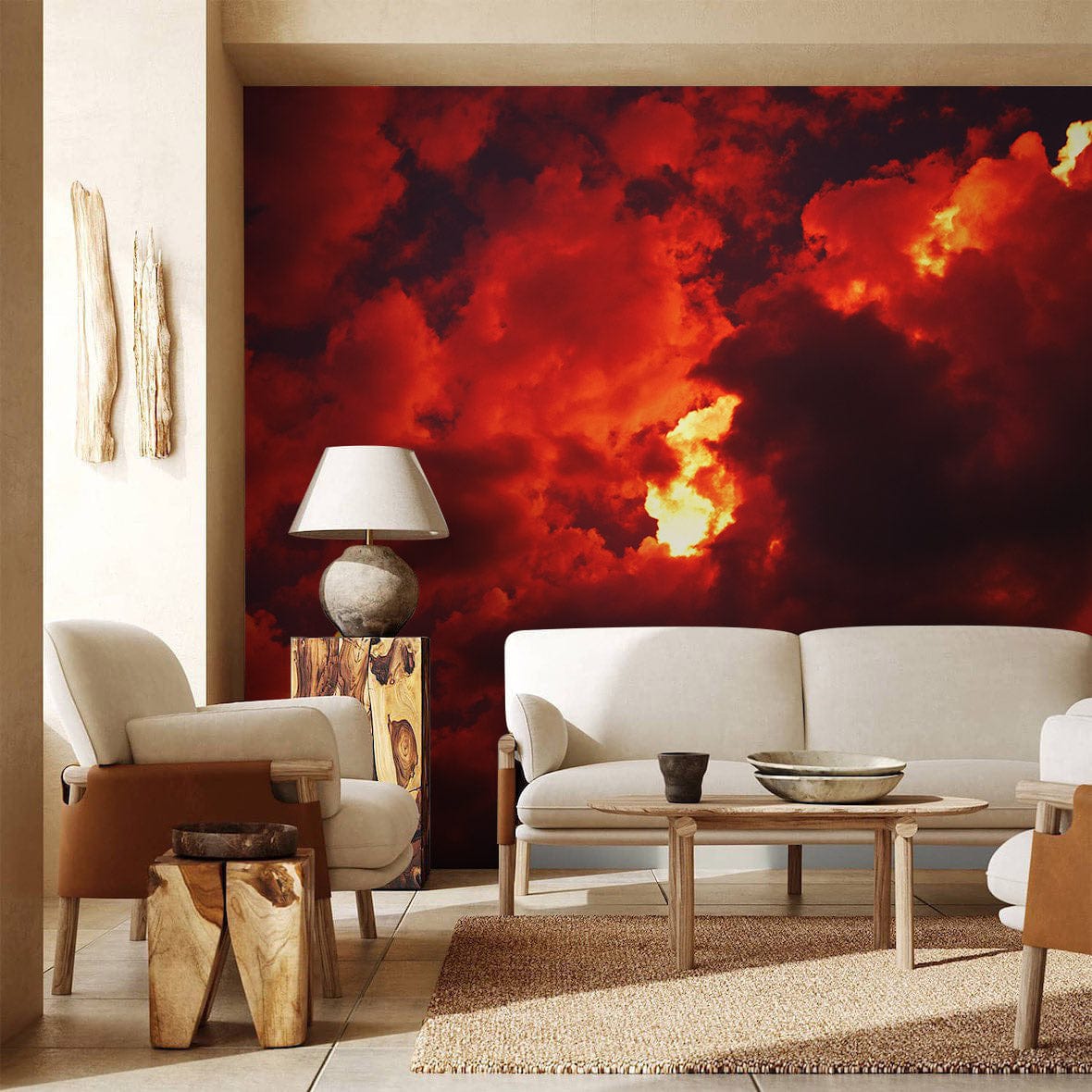 Fiery Sunset Cloudscape Mural in living room, beige sofa, wooden floor, modern decor. Vibrant hues.