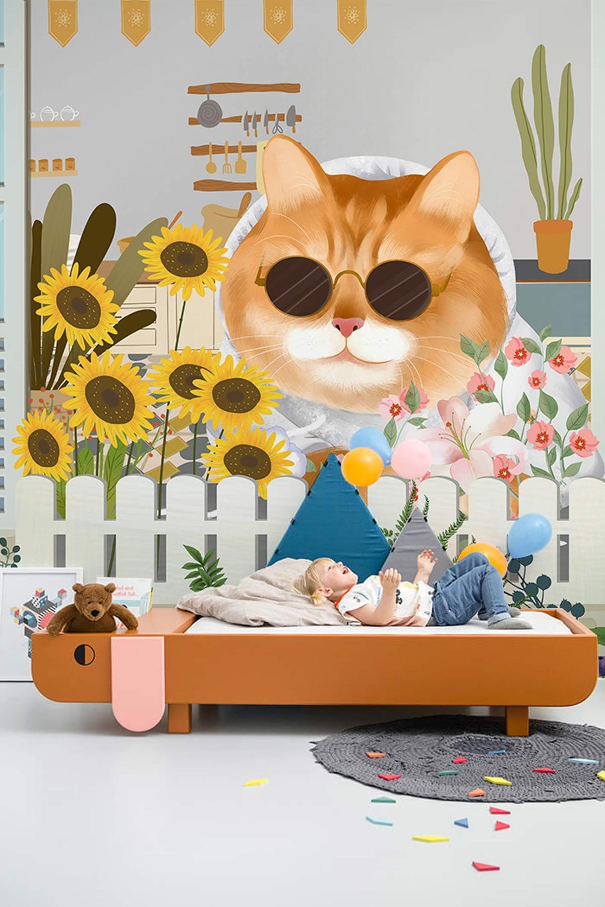 Cheerful Cat Garden Scene Wallpaper with sunflowers, wooden bed, playful children's room, grey rug flooring.
