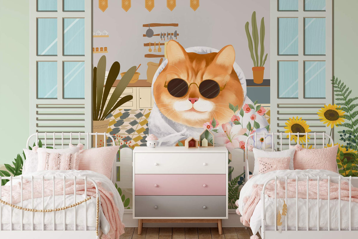 Stylish cat garden mural wallpaper in cottage theme, twin beds, nursery room, pastel decor, wood flooring.