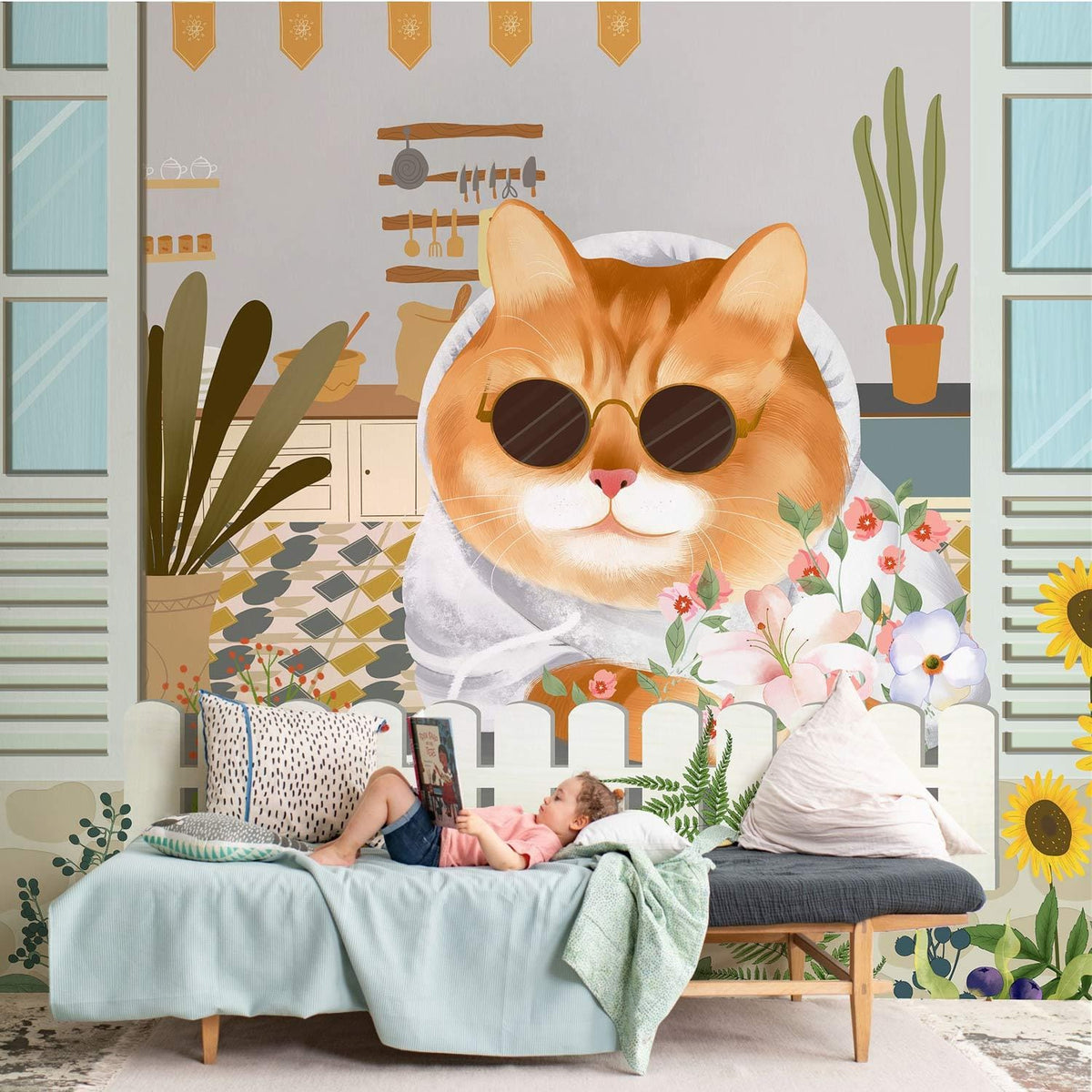 Stylish cat garden mural wallpaper with sunny cottage design, pastel sofa, colourful geometric flooring.