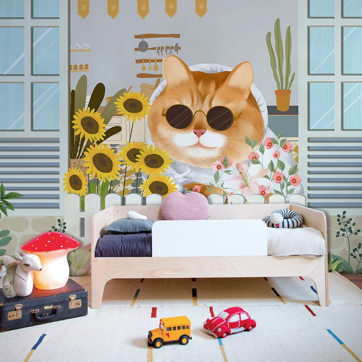 Cheerful Cat Garden Scene Wallpaper in child's room with wooden bed, playful decor, and colourful rug.