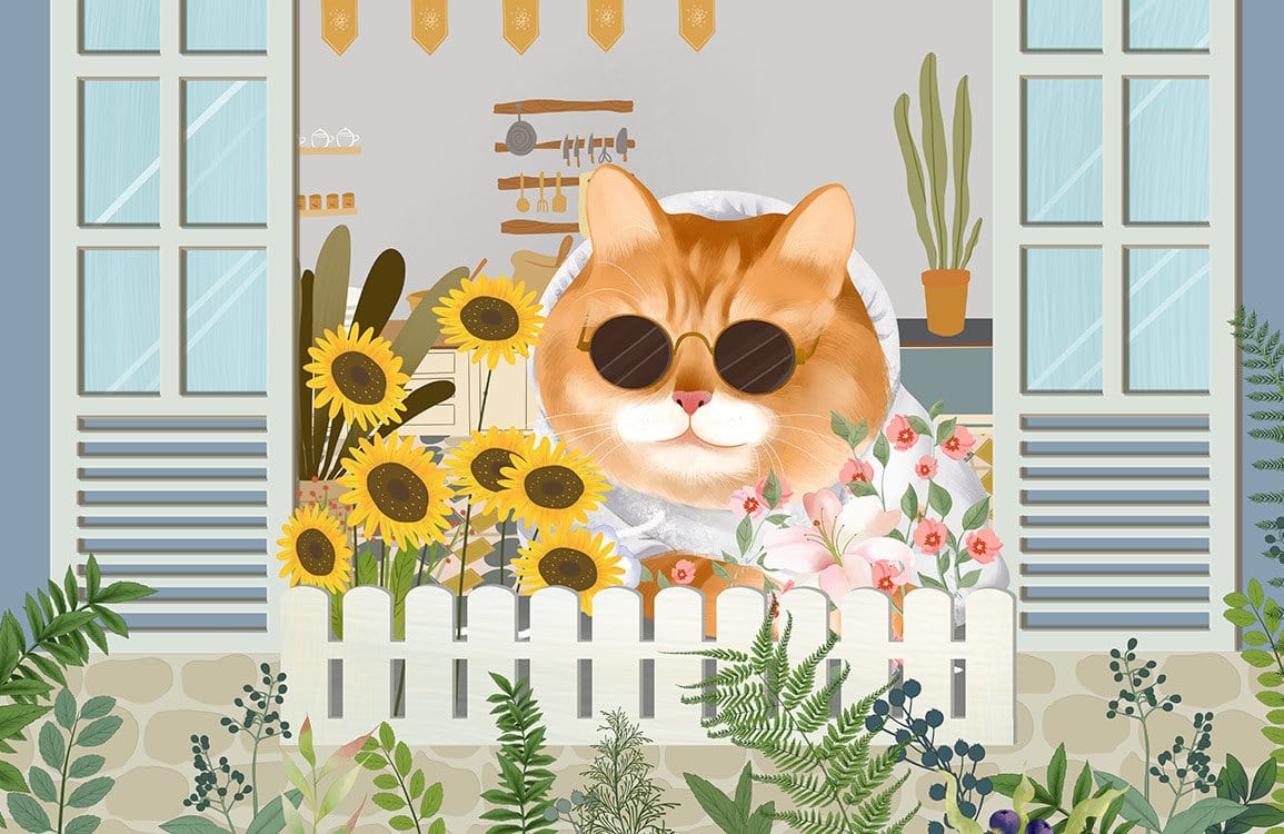 Cheerful Cat Garden Scene Wallpaper with Sunflowers and Greenery Design