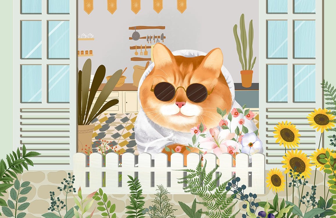 Stylish Cat Garden Mural Wallpaper in Sunny Cottage Scene Design