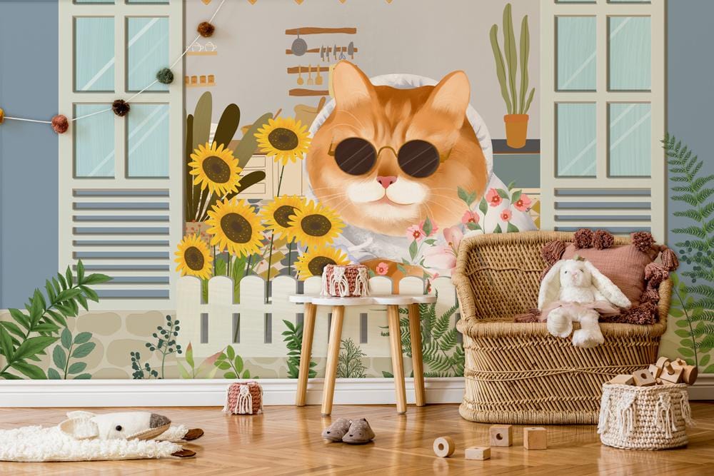 Cheerful Cat Garden Wallpaper with sunflowers, wicker chair, wooden flooring, nursery room setting.