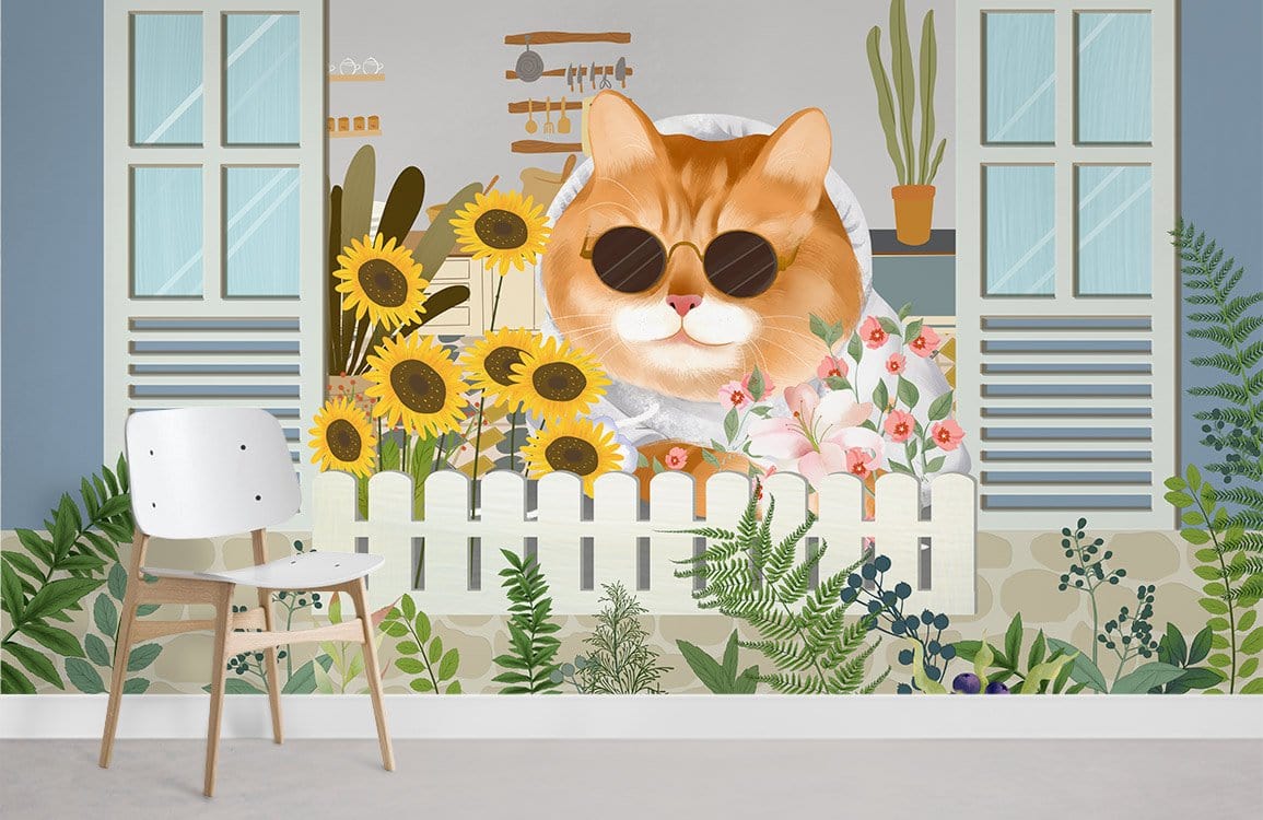 Cheerful Cat Garden Scene Wallpaper with sunflowers, greenery, white chair, light grey flooring in room.