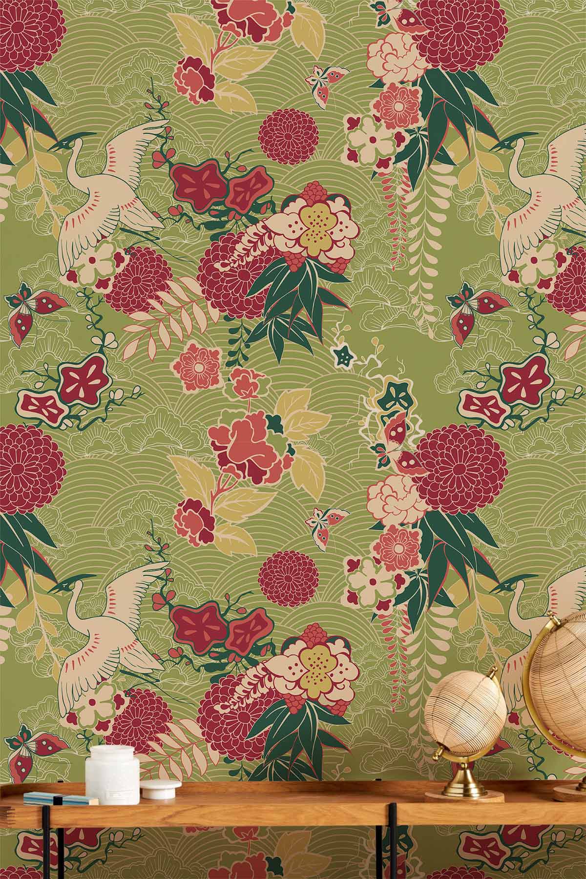 Oriental Blossom mural wallpaper with nature motif in green and red, featuring globes on wooden shelf.