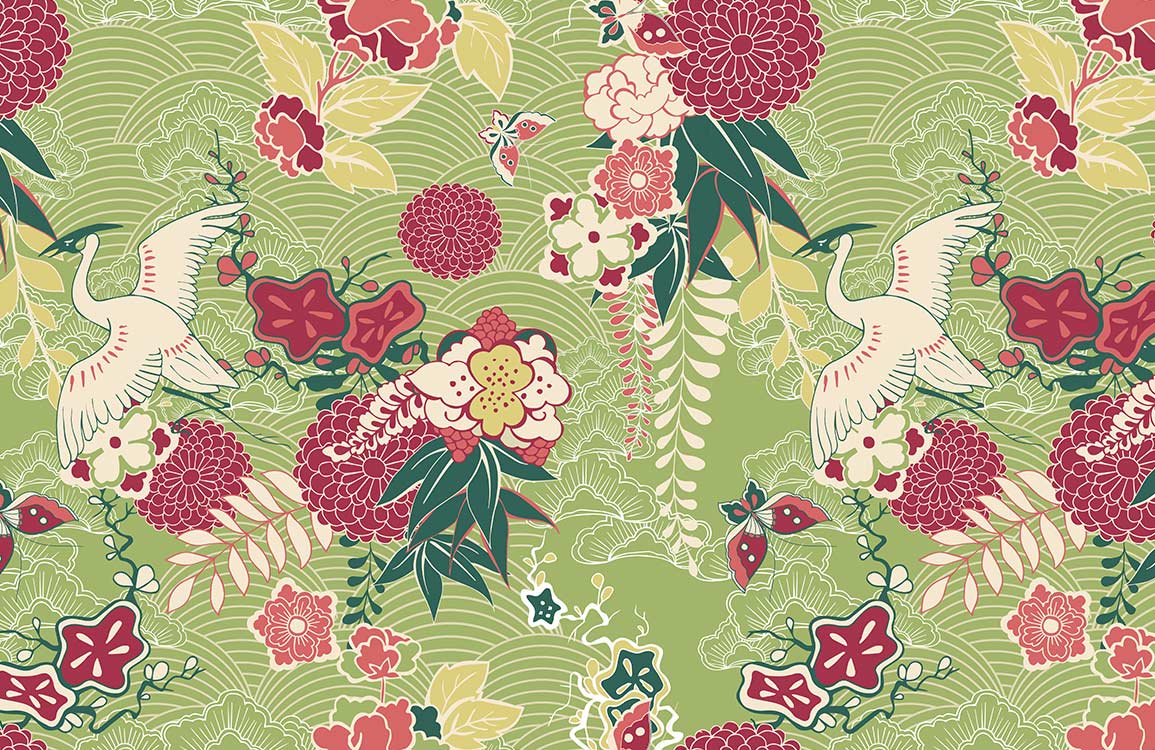 Oriental Blossom Green and Red Nature Motif Mural Wallpaper Design