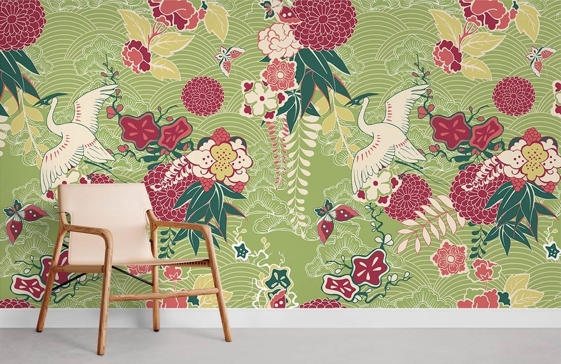 Oriental Blossom mural wallpaper with green, red motifs; beige modern chair; minimalist setting.