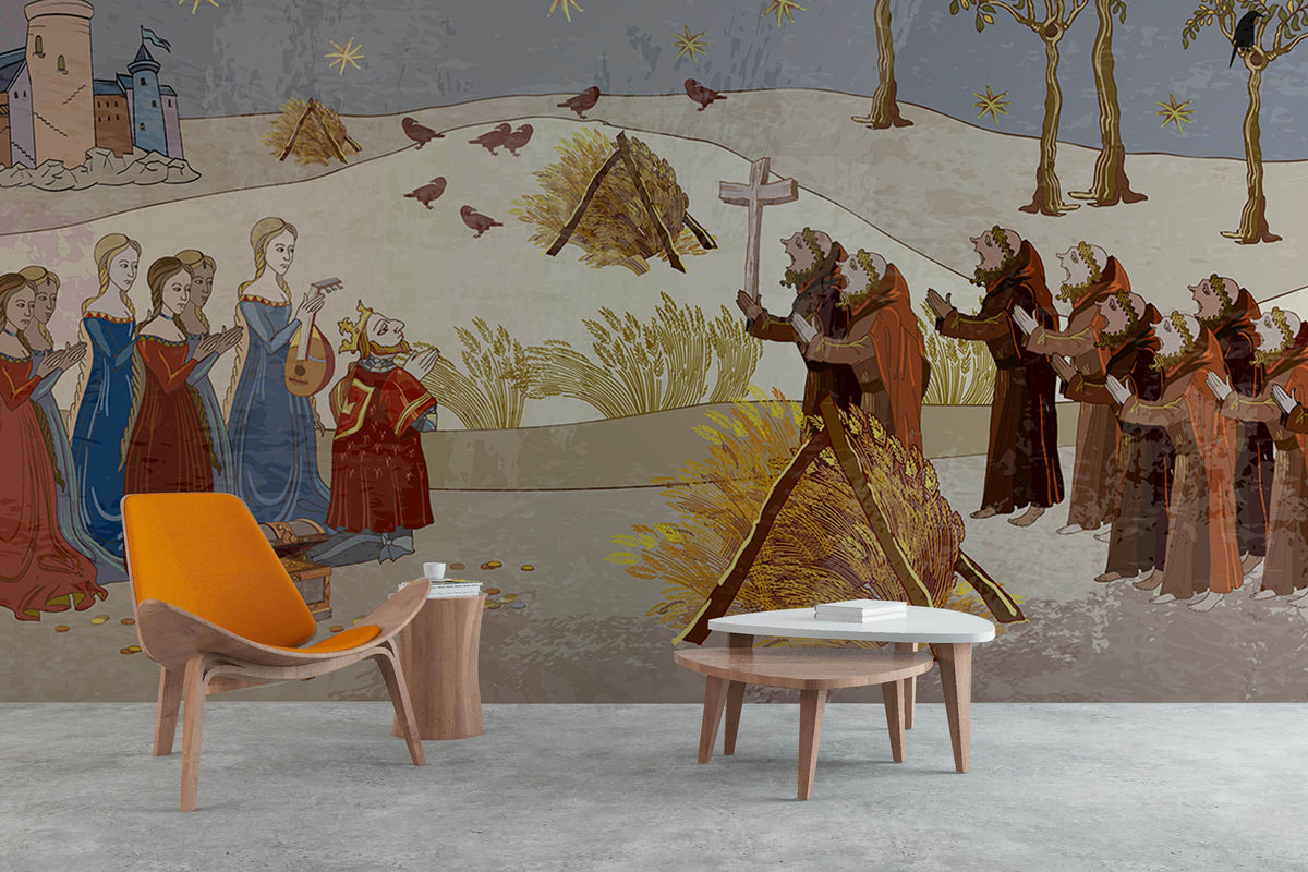 Medieval tapestry-inspired mural wallpaper with earthy tones, featuring orange chair, wooden tables, grey flooring.