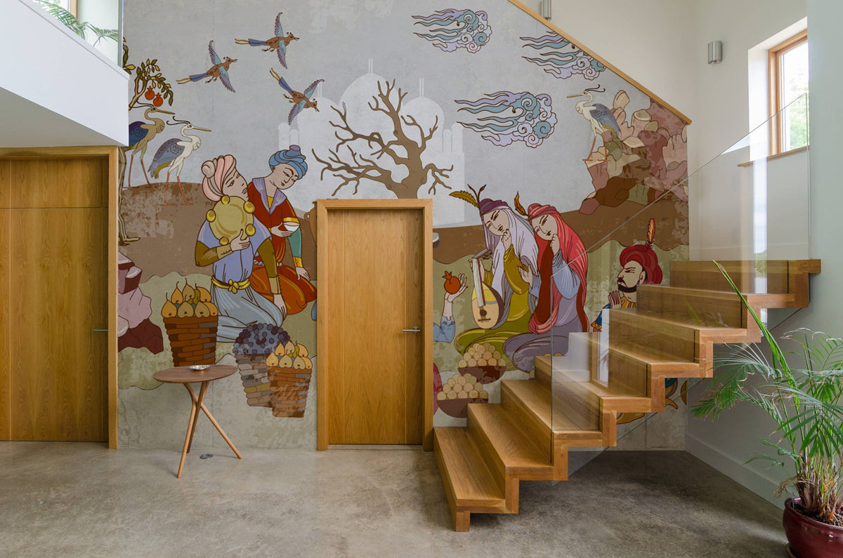 Enchanting Persian-inspired mural wallpaper in earthy tones, wooden stairs, concrete flooring, cultural interior storytelling.