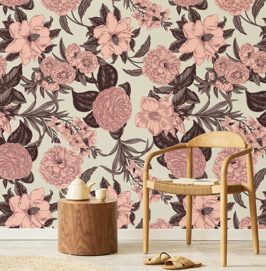 Vintage floral wallpaper with a soft pink and brown pattern in a stylish room with chair.