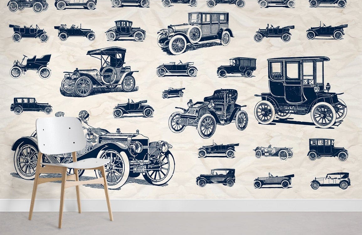 Navy vintage car wallpaper mural, white chair, retro pattern, in modern living room, grey flooring.