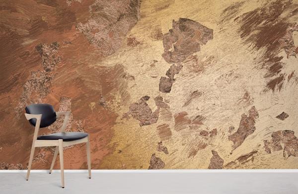 Alt text: Rustic Earth Tones Wallpaper in gold and brown, featuring textured design with a modern black chair.