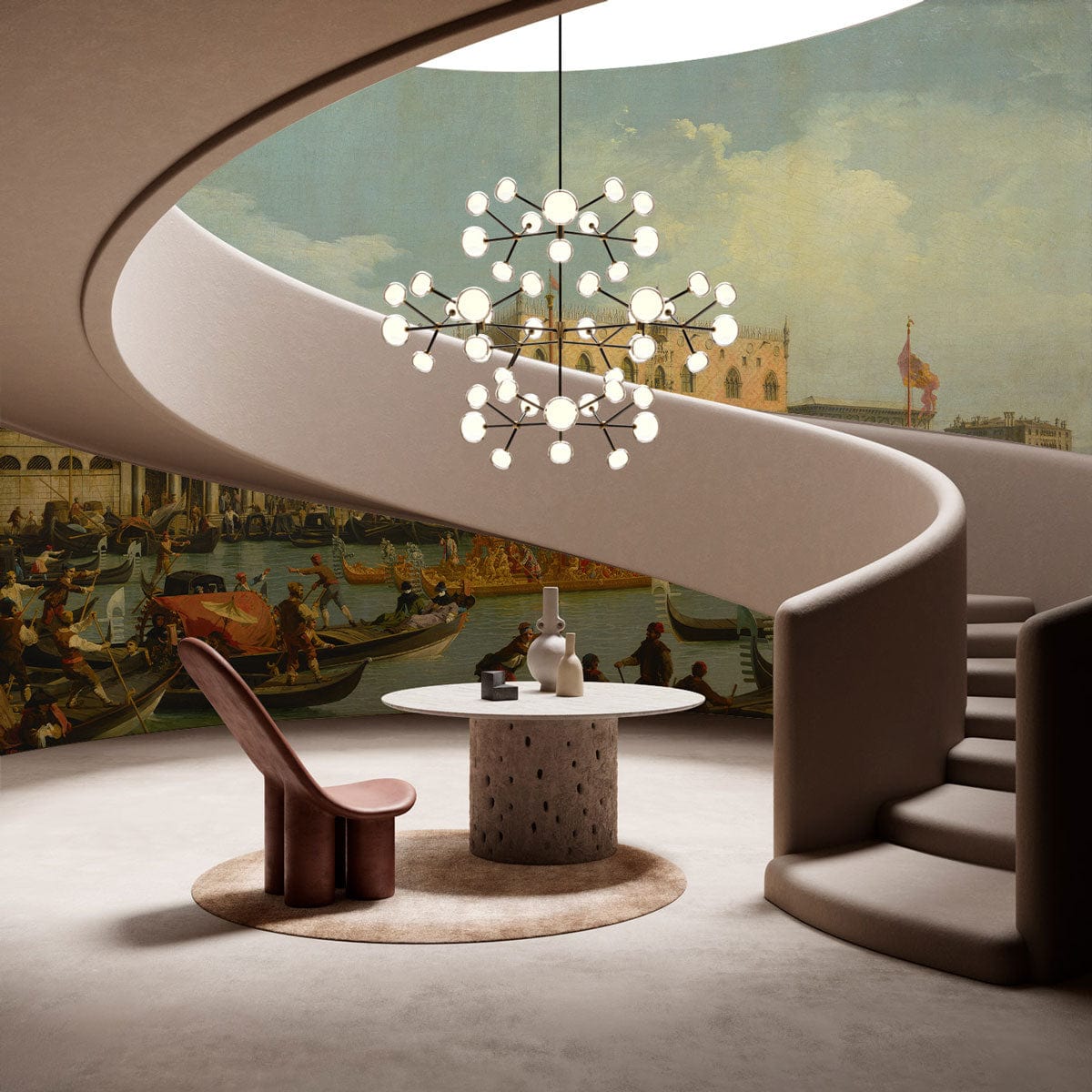 Historic Venetian Canal Scene mural wallpaper in modern room with curved staircase, chandelier, and round table.