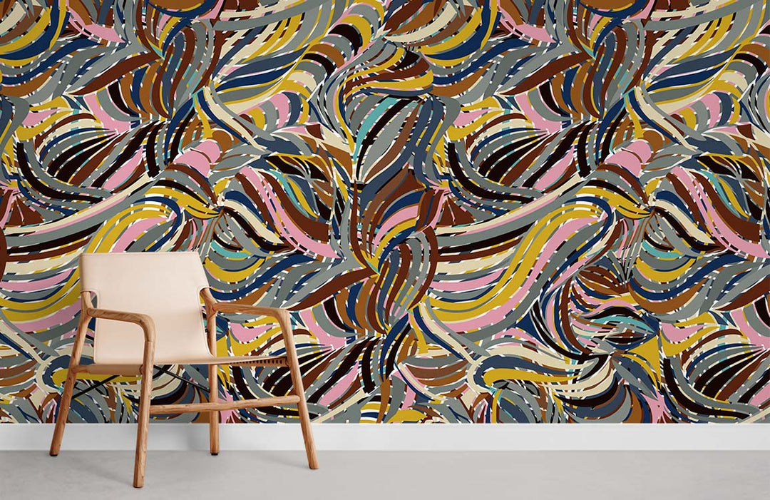 Abstract swirl multicolour wallpaper in creative interior with beige armchair and light grey flooring.