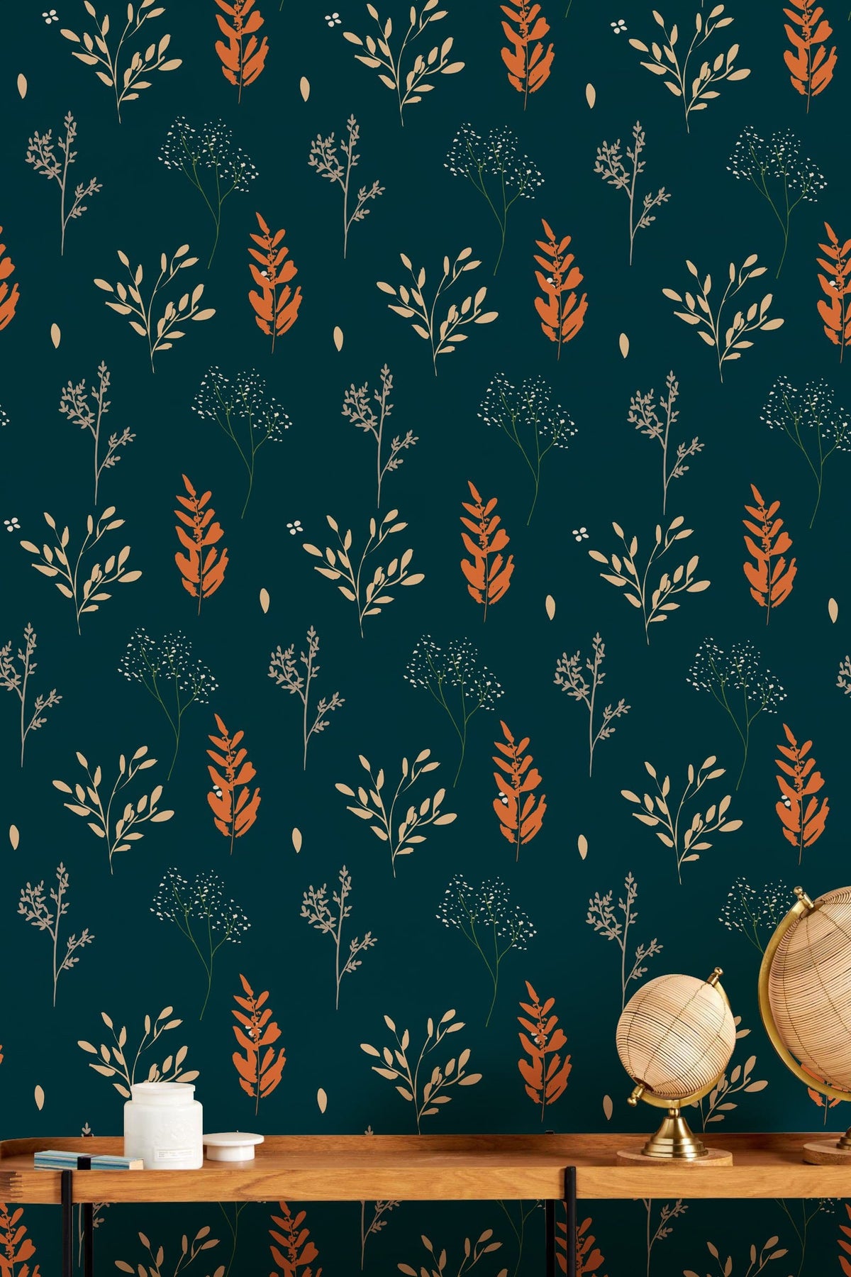 Vintage Botanical Wallpaper with teal and orange floral pattern complements wooden table and globe decor.