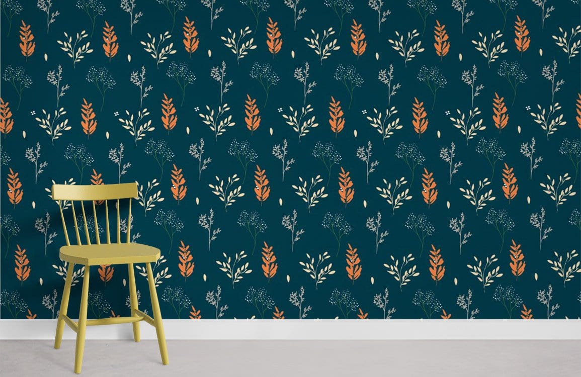 Vintage Botanical Teal and Orange Floral Wallpaper in elegant room with olive chair and grey floor.