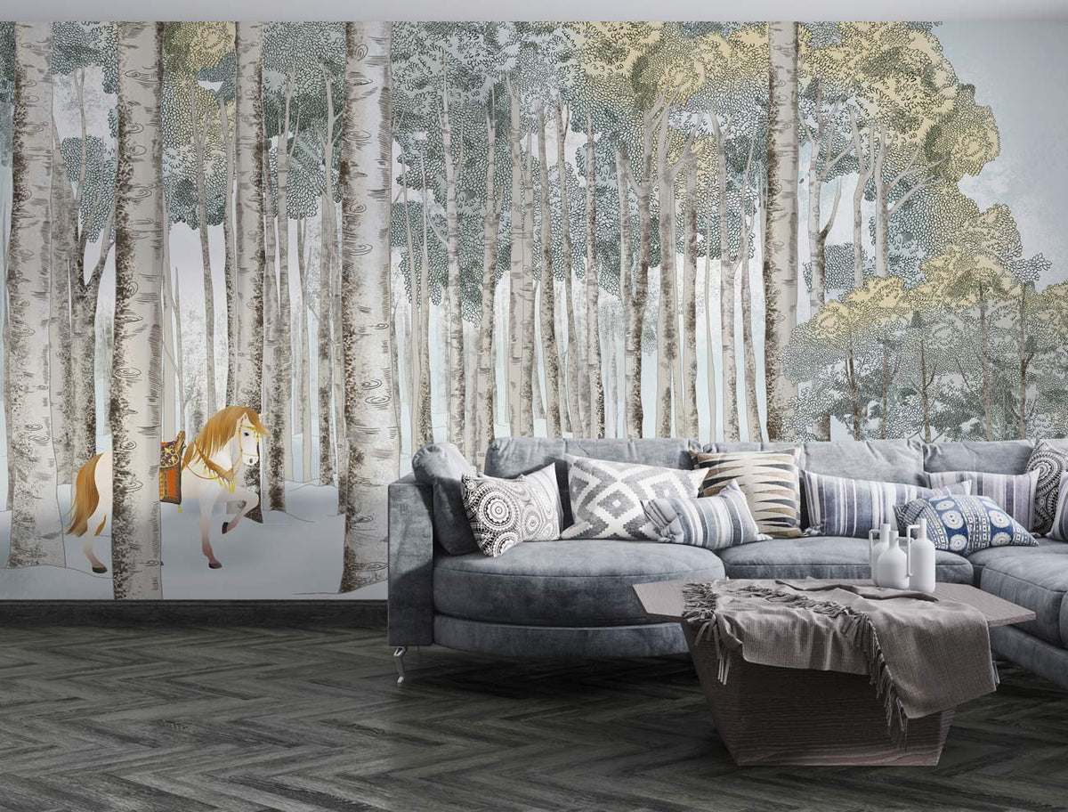 Tranquil winter forest mural with horse, grey sectional sofa, chevron flooring, serene living room decor.