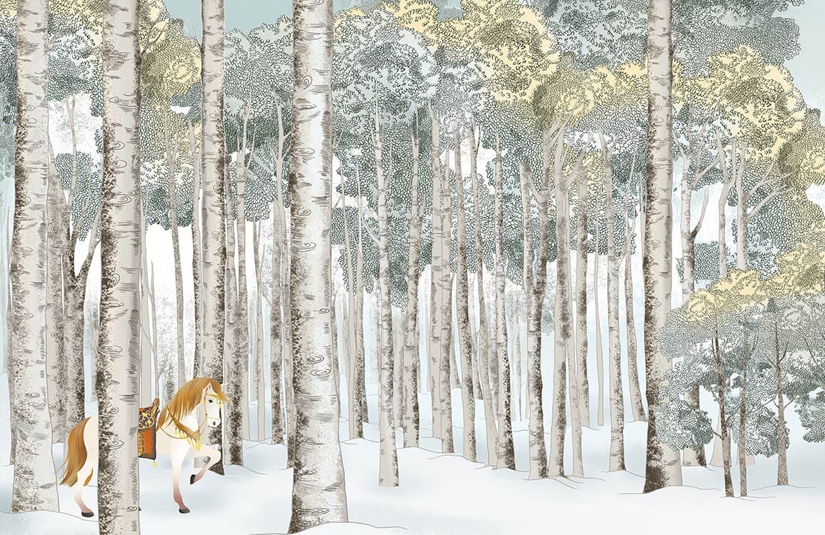 Tranquil Winter Forest Scene Mural Wallpaper with Horse in Snowy Landscape
