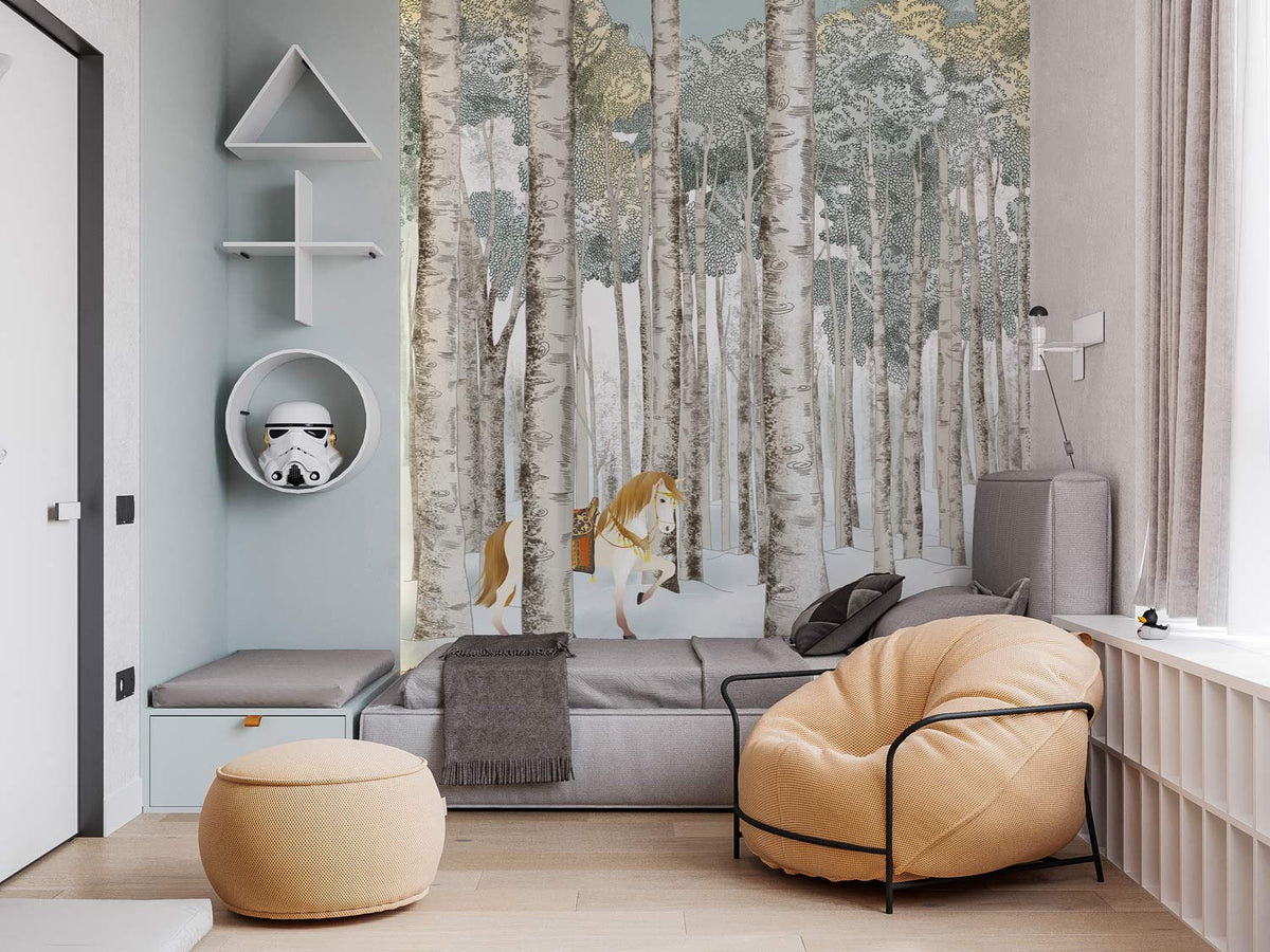 Tranquil winter forest mural wallpaper, horse in snowy landscape, grey sofa, beige chair, light wood flooring.