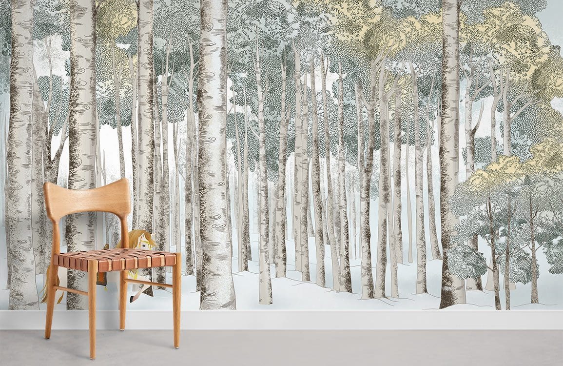 Tranquil winter forest mural wallpaper, horse scene; light wooden chair, grey flooring in living room.