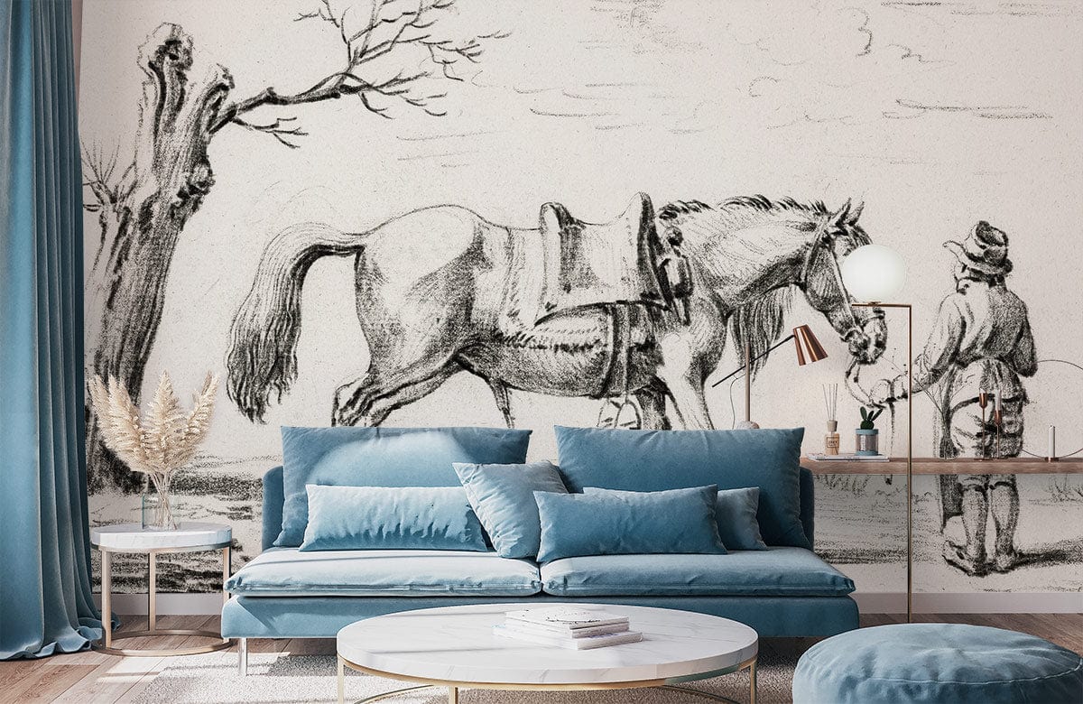 Vintage equestrian toile wallpaper, charcoal sketch, blue sofa, round table, cosy living room design.
