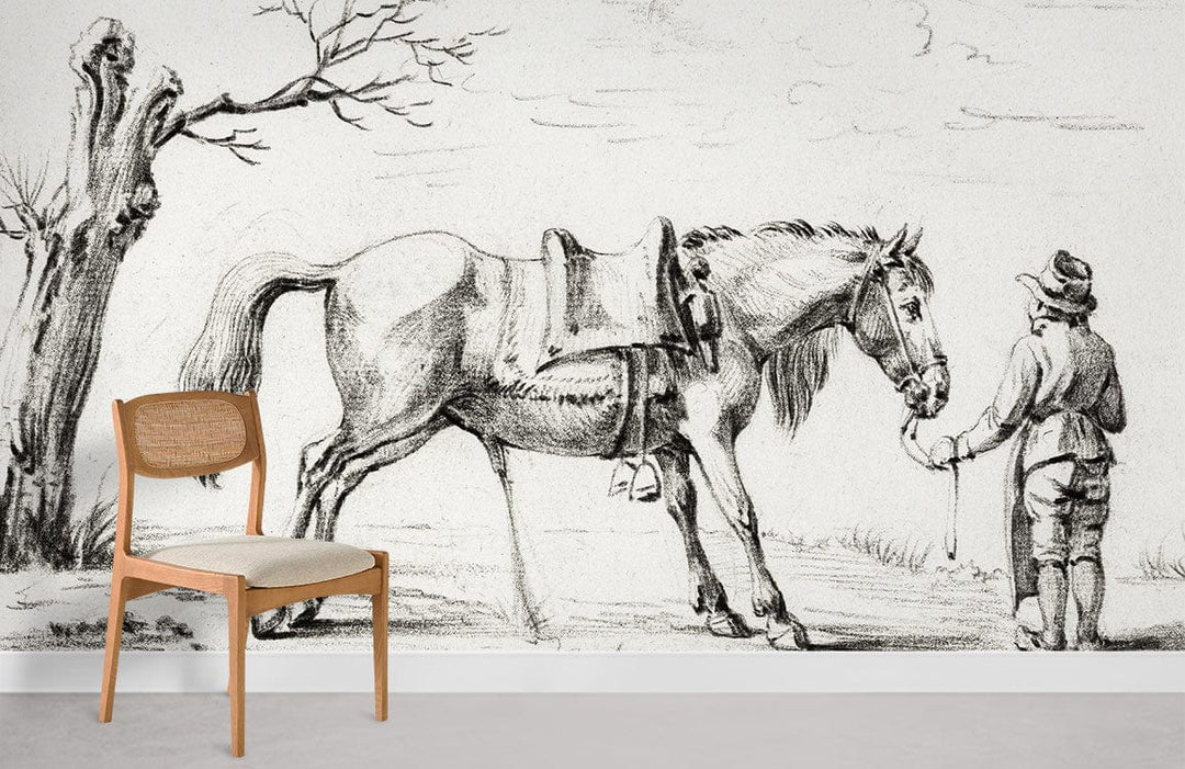 Chair and Vintage Equestrian Toile Wallpaper, charcoal sketch style, cream flooring, rustic design theme.